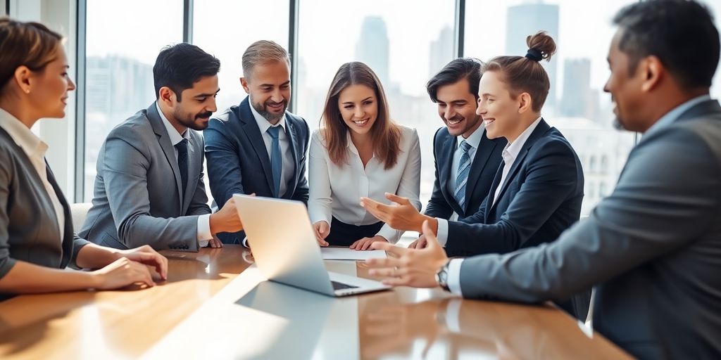 Professional brokers discussing finances in a modern office.