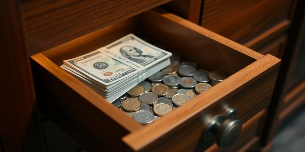 A secret drawer filled with cash and coins.