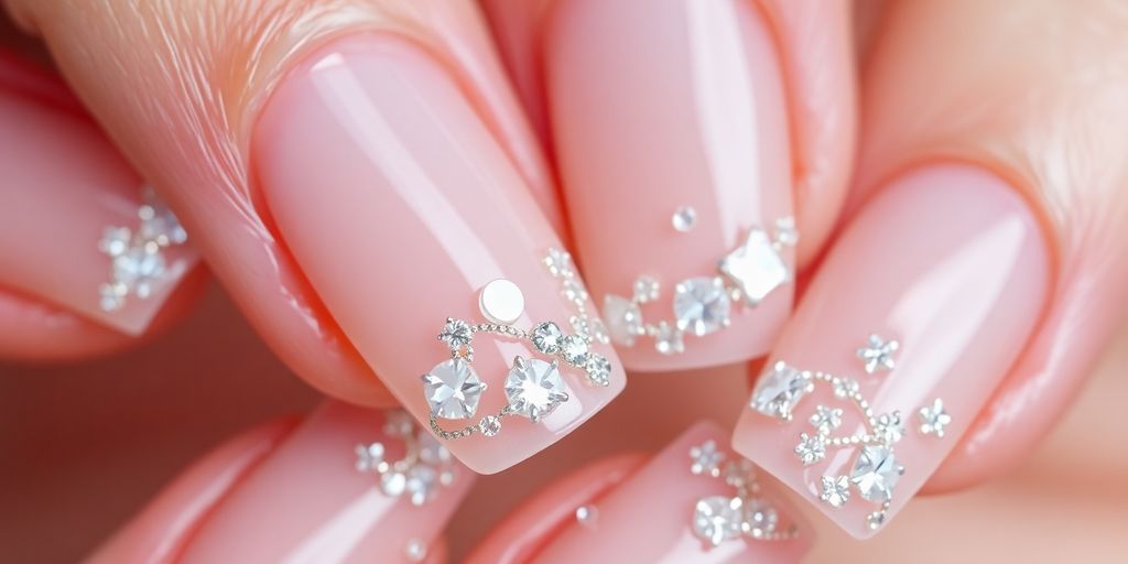 Unhas de gel decoradas com pedras brilhantes e delicadas.