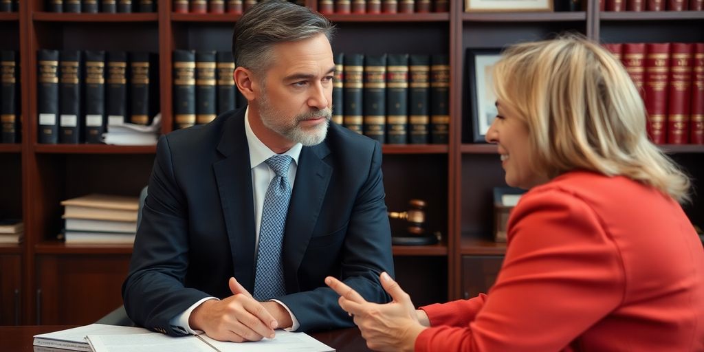 Lawyer consulting with client about serious injury case.