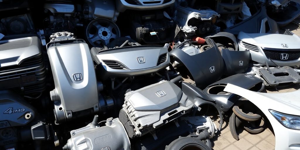 Honda car parts laid out neatly.