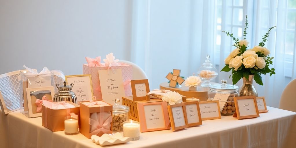 Bridal shower gifts on a decorated table.