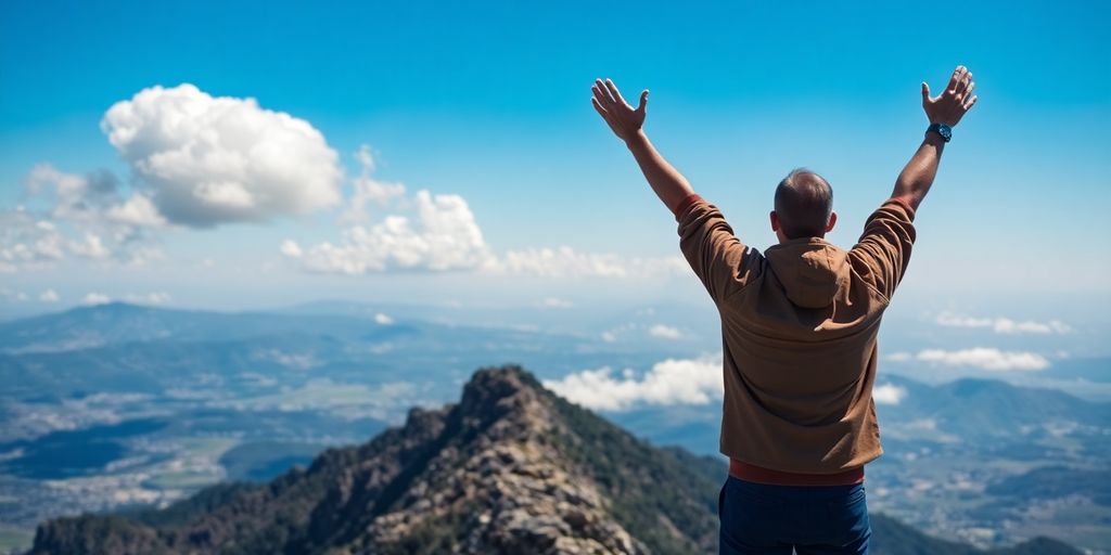 Person on mountain peak with arms raised.