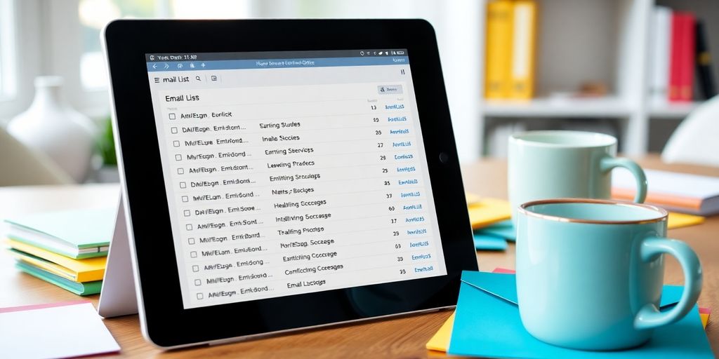 Digital tablet with email list in a cozy workspace.