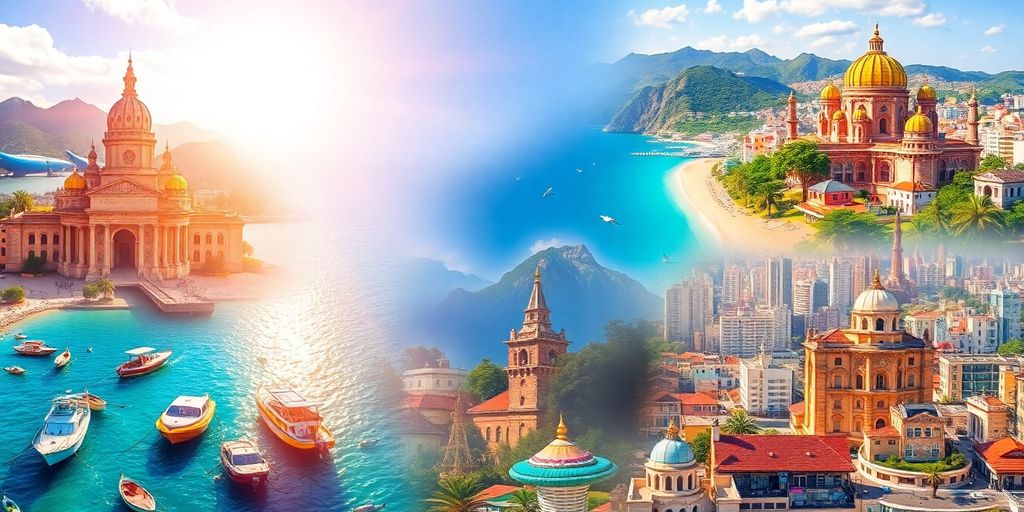 Global destinations collage with beaches, cities, and landmarks.
