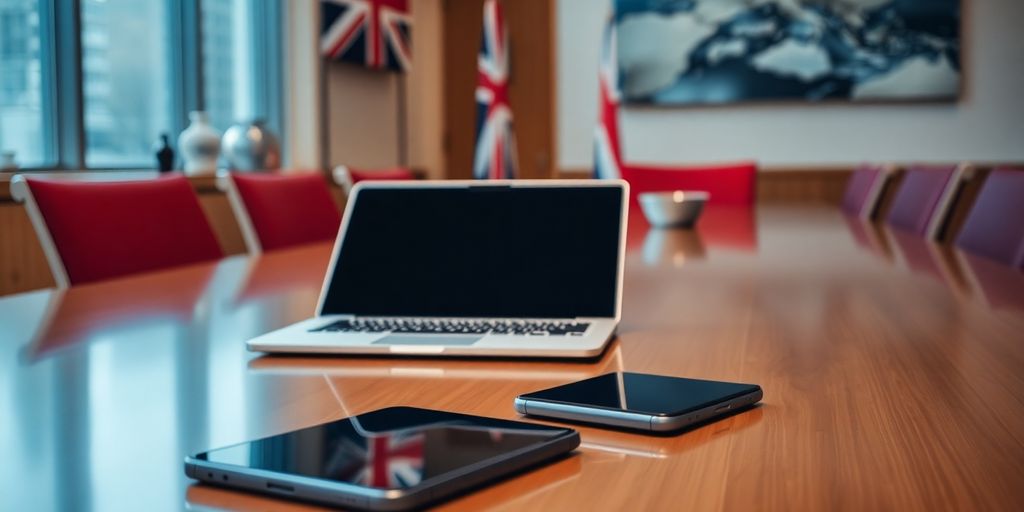 Boardroom table with modern technology and a UK flag.