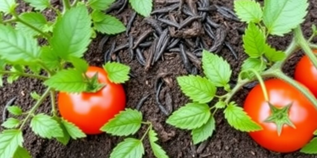 Dunkler Wurmhumus mit gesunden Tomatenpflanzen.