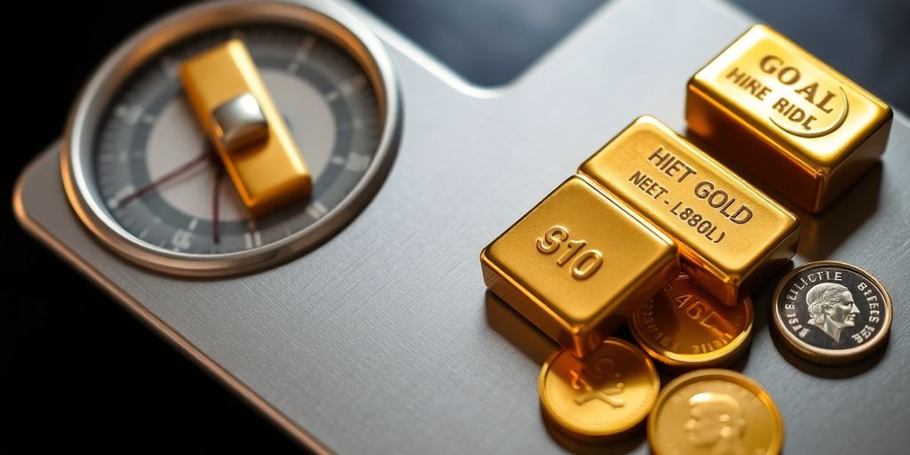 Balance avec des lingots et des pièces d'or.
