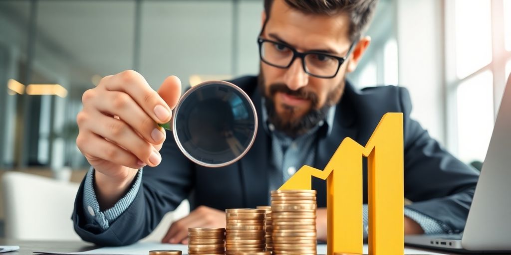 Businessman analyzing financial data with magnifying glass and coins.