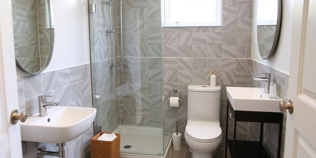 Stylish bathroom renovation with modern fixtures and tiles.