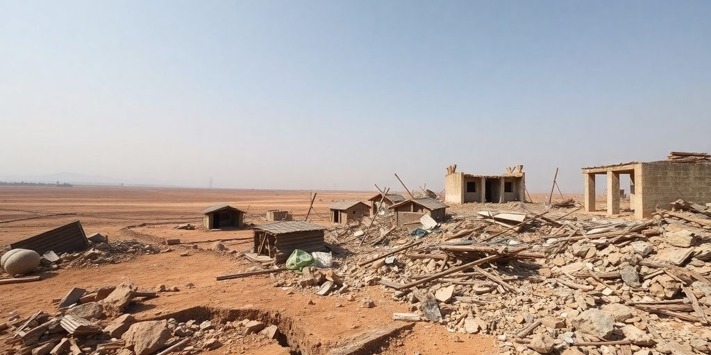 Cracked earth, collapsed buildings after earthquake