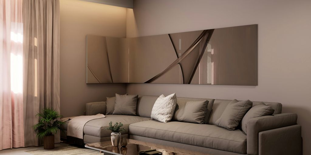 Modern living room with a chic, neutral color scheme.
