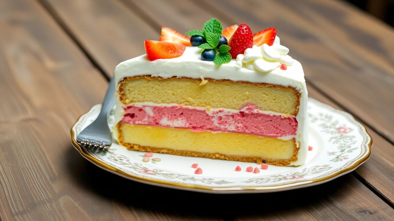 Torta de sorvete decorada com frutas e chantilly.