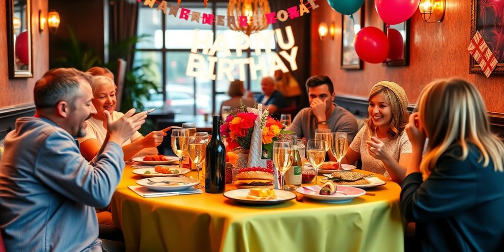 Festive birthday dining setup with food and drinks.