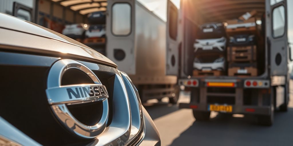 Nissan car parked near a delivery truck.