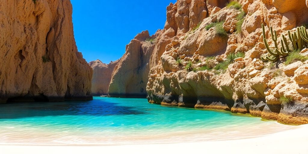 Secluded beach cove, turquoise water, rocky cliffs, green cacti, sunny.