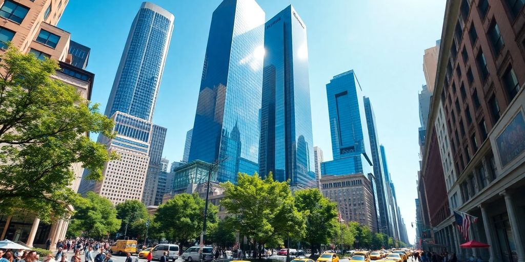 Shimmering skyscrapers, bustling streets, vibrant city life around New York.