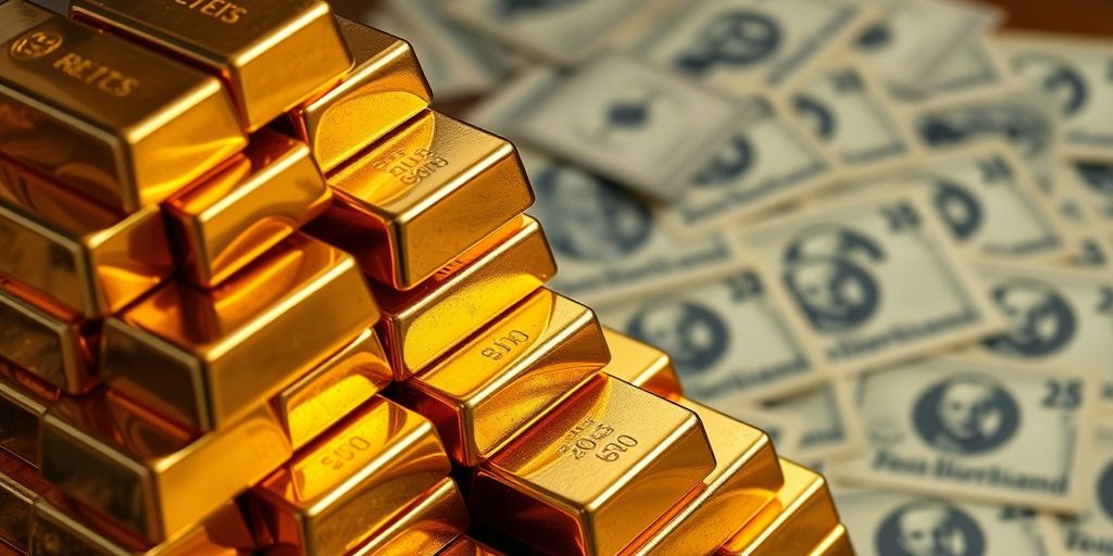 Lingots d'or dans un tas, avec des billets de banque allemands anciens derrière.
