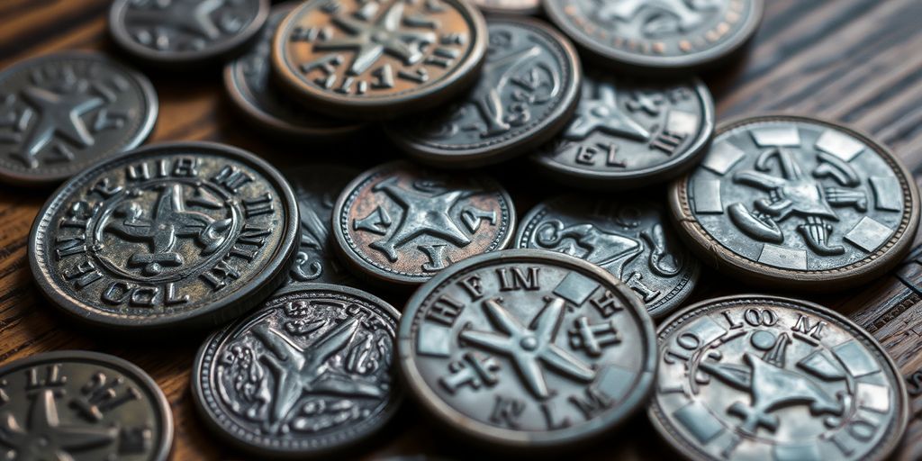 Pièces de monnaie anciennes sur une table en bois.