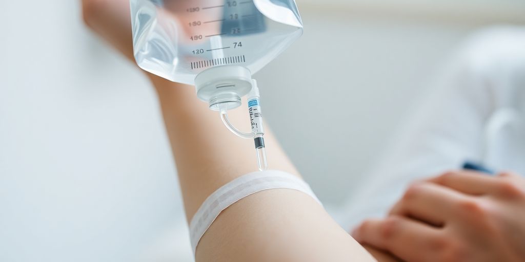 What Is a Myers Cocktail IV Drip? 3 IV drip infusing clear liquid into a person's arm.