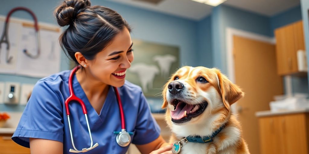 Veterinario con perro feliz en clínica veterinaria.