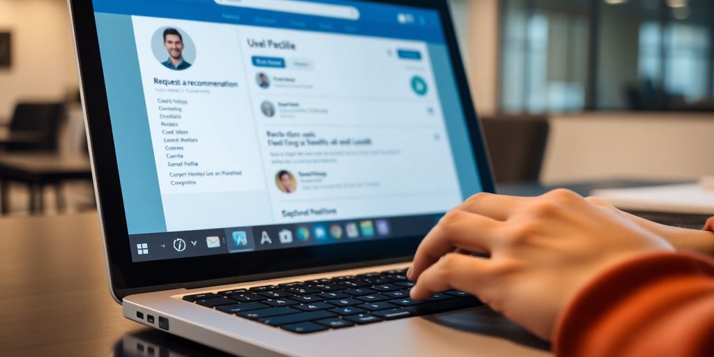 Professional sending a LinkedIn recommendation request on laptop.