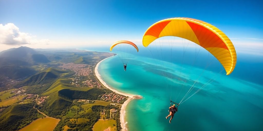 Paragliders flying over Bali's beautiful landscape.