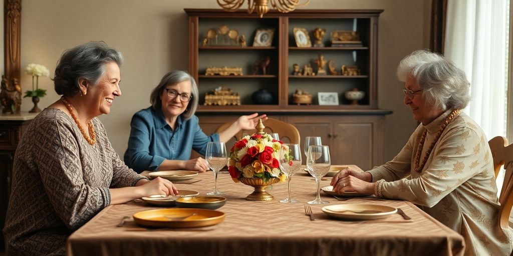 Réunion familiale autour d'une table avec des bijoux en or.