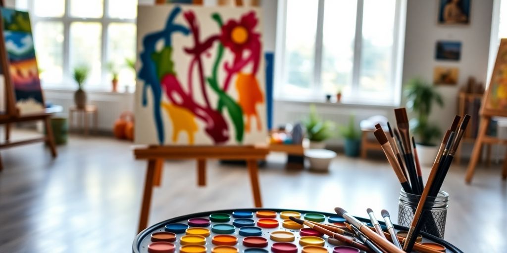 Colorful artist palette and brushes in a bright studio.
