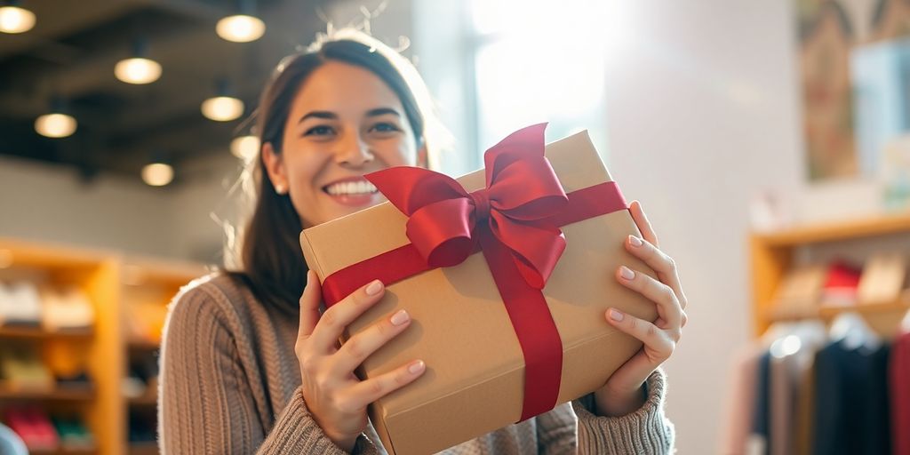 Customer holding a gift package with a ribbon.