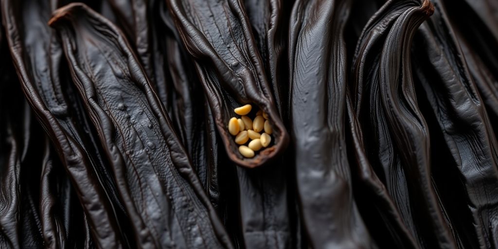 Close-up of dark, fragrant Indonesian vanilla beans.