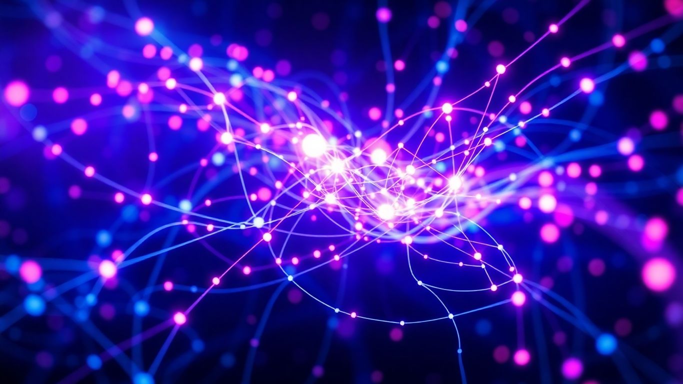Abstract digital network with glowing nodes.