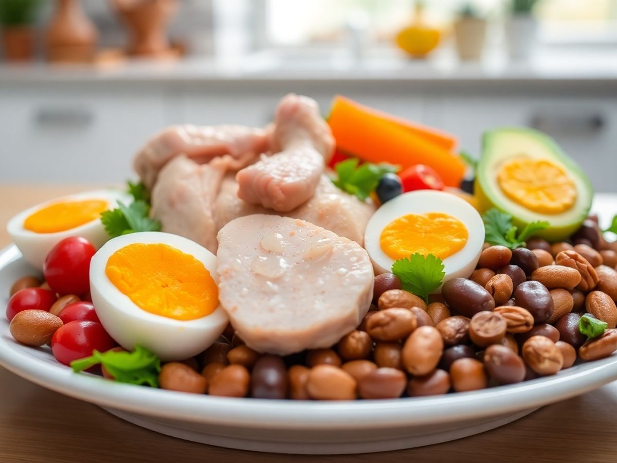 Prato colorido com alimentos ricos em proteínas.