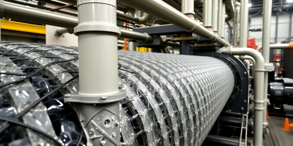 Water cooled condenser in a power plant setting.