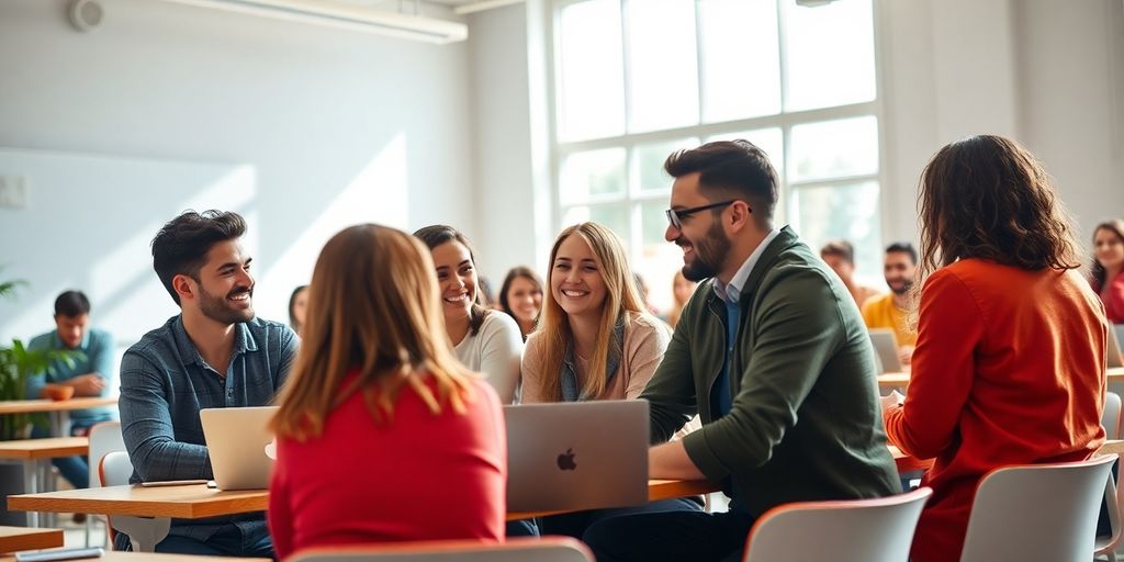 Students collaborating in a modern marketing strategy classroom.