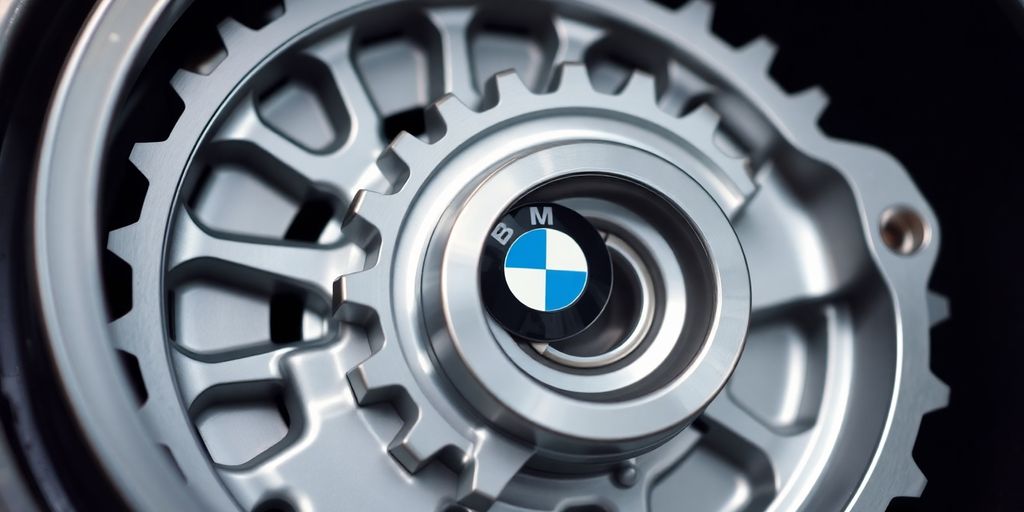 Close-up of a gleaming BMW transmission component.