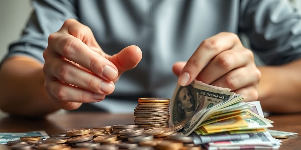 Person happily planning finances with colorful coins scattered around.