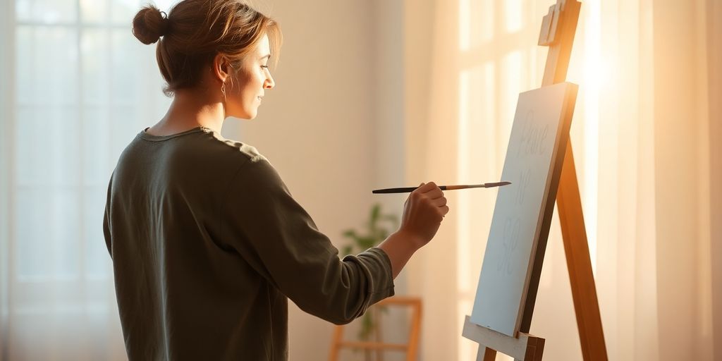 Person painting on canvas, calm expression.
