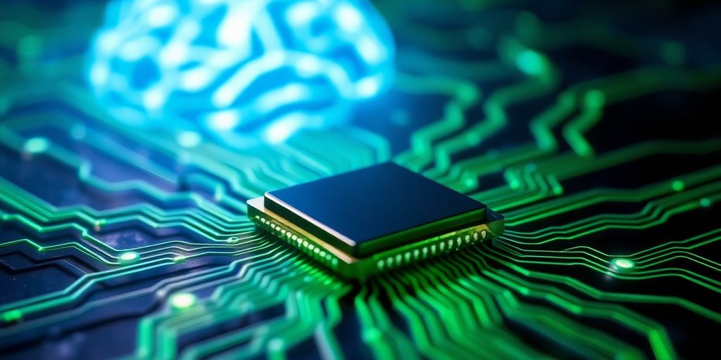 Shimmering microchip, green circuit lines, glowing AI brain.