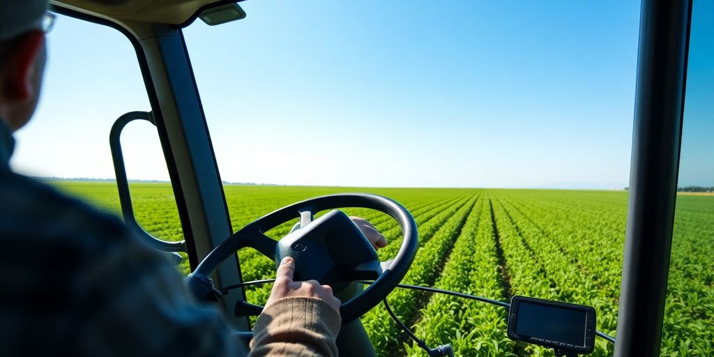 Un agriculteur conduit un tracteur moderne dans un champ.