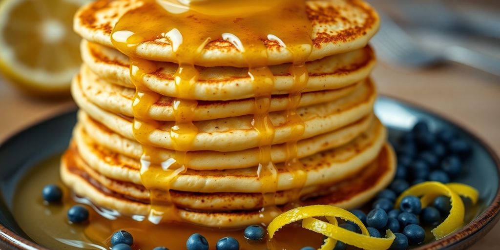 Stack of fluffy lemon poppyseed pancakes with syrup.