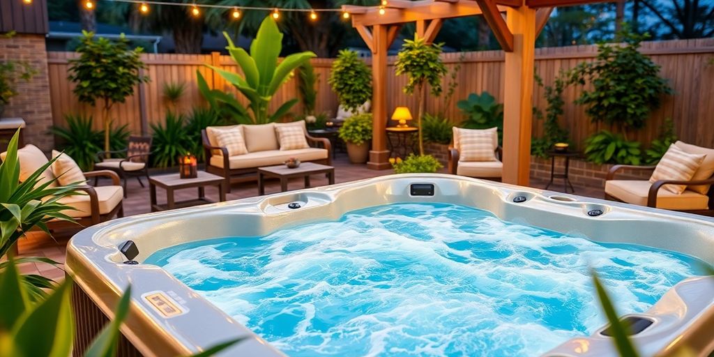 Eight-person hot tub in a backyard oasis.