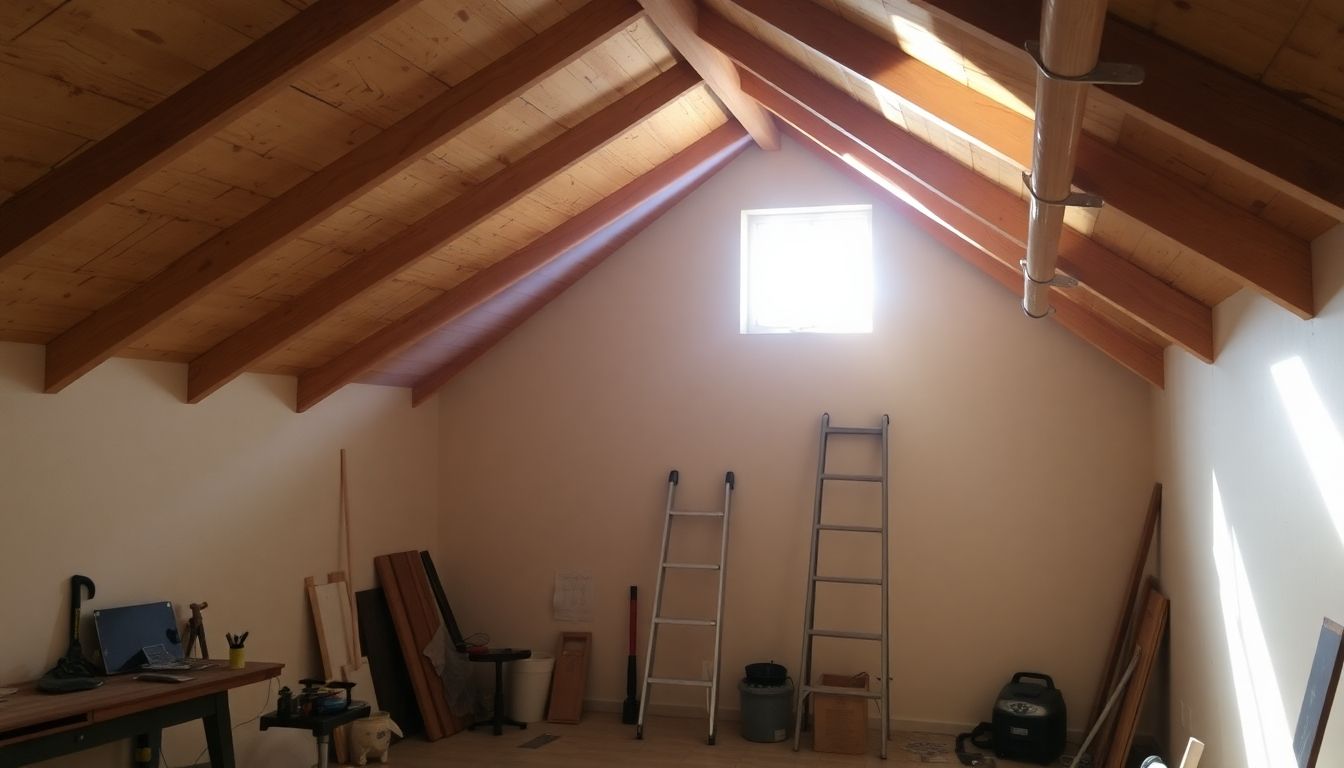 Spacious attic with wooden beams and tools scattered.