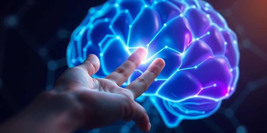 Human hand touching glowing AI brain.