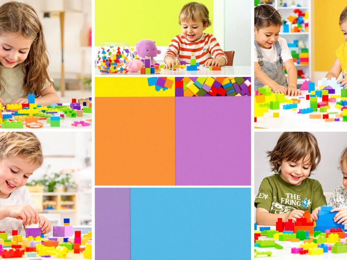 Copii rezolvând puzzle-uri și construind cu blocuri.