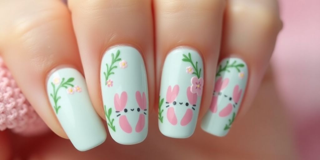Unhas decoradas com coelhinhos e flores para Páscoa.