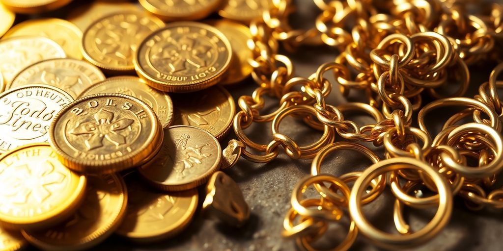 Pièce d'or recyclée, tas de bijoux cassés