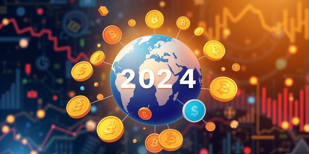 Globe with digital currency symbols and technology elements.