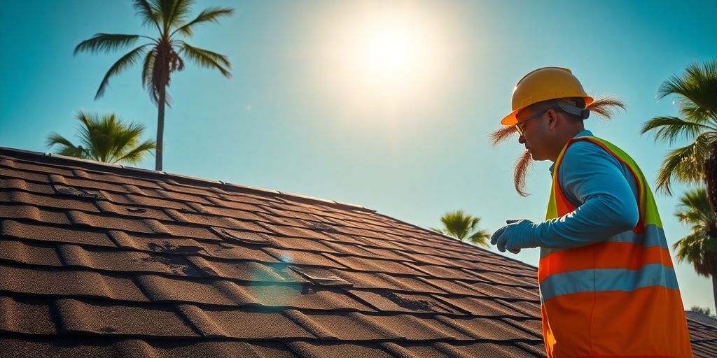 Roof inspector examines sun-damaged shingles on Florida house under sun.