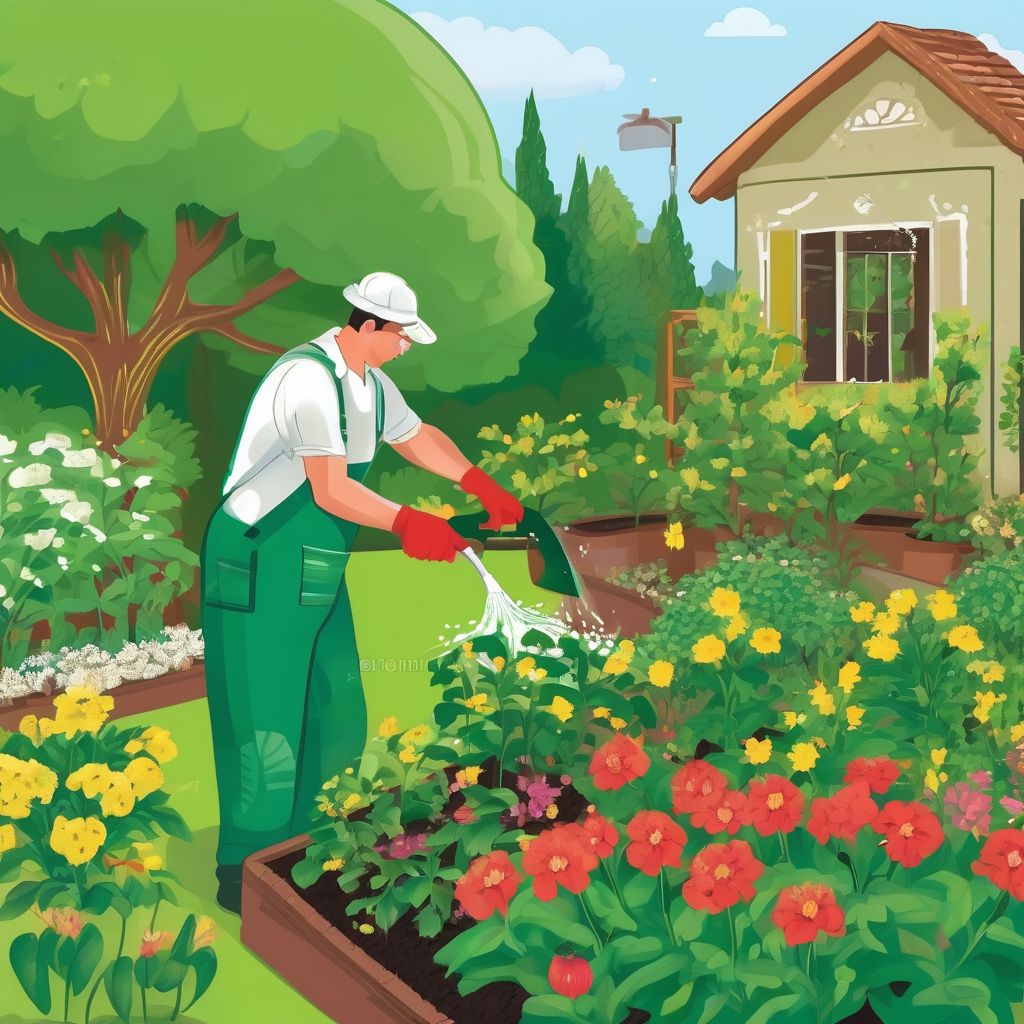 gardener applying fertilizer to plants in a garden